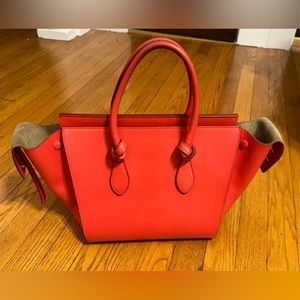 Authentic Celine Mini Tie Knot Tote in color coral red alizarin